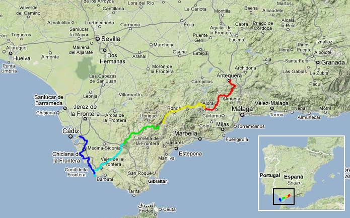 Mapa ruta en bicicleta por la serrania de Ronda, Andalucia