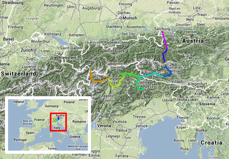 mapa viaje bicicleta sudtirol y dolomitas